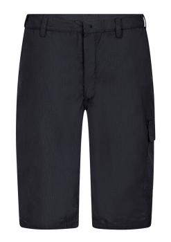 The image shows a dark, knee-length pair of pants. They have a loose fit, a waistband with belt loops, and a side pocket on the right leg. The surface appears smooth.