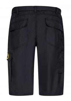 The image shows a pair of black shorts from the back. They feature a simple cut and two large side pockets, as well as a smaller pocket on one leg. The fabric appears light and durable.