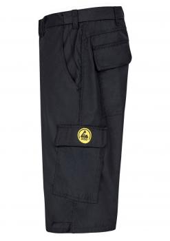 The image shows a black cargo pants. It features side pockets, a relaxed fit, and a simple, functional style. The fabric appears durable and comfortable.