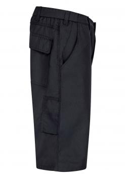 The image shows a black cargo pants with a side pocket. The pants have a loose fit and reach to the knee. They appear sturdy and versatile.