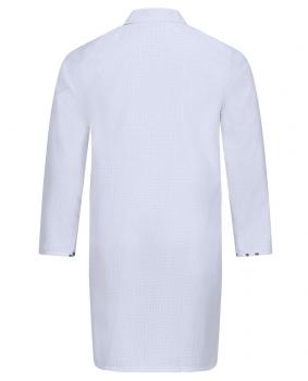 The image shows a long, light blue coat with long sleeves. The coat has a collar and three buttons at the sleeve ends. The back is plain and solid-colored.