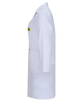 The image shows a white coat with long sleeves and a lapel. There is a yellow emblem on the left breast. The coat has a simple, functional shape.