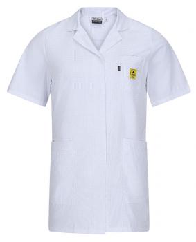 The image shows a white coat with short sleeves. It features a collar, two patch pockets, and a small yellow logo on the left chest side.