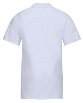 The image shows a light blue, short-sleeved shirt with a straight cut and a classic collar. It has no conspicuous patterns and looks simple.