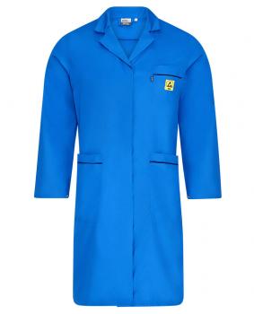 The image shows a blue lab coat with long sleeves. The coat has a collar, two front pockets, and a small attached warning symbol on the left side.