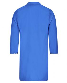 The image shows a long, blue coat with long sleeves and a collar. The coat is solid-colored and has no additional details or embellishments.