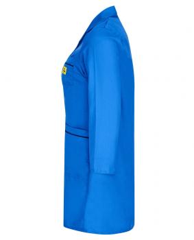 The image shows a blue work jacket with long sleeves. The fabric is smooth and solid-colored, and there is a chest pocket on the left side.