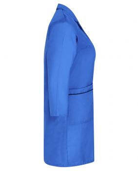 The image shows a blue, plain coat that is long and has a minimalist style. It has long sleeves and a straight fit with a belt at the waist.
