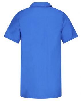 The image displays a short-sleeved, light blue shirt with a classic collar. It has a simple, clean shape with no patterns. The back view is visible, and the sides are slightly rounded.