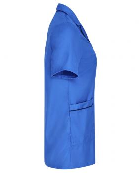 The image shows a blue, short-sleeved top with a classic collar. It features a loose fit and a pocket on the left side. The fabric appears smooth and plain.