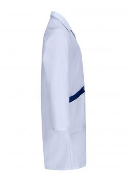The image shows a white coat with a simple, classic cut. It has long sleeves and a blue stripe on the right pocket. The coat features a collar and is depicted from the side.