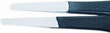 The image shows the tips of two overlapping black tweezers. The upper ends are flat and silvery, while the lower ones are made of black material.