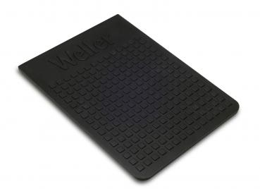 The image shows a square air filter with a black frame and a textured, white filter surface. It has a flat shape and is rectangular.