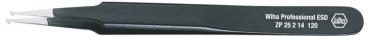 The image shows a black tweezer with pointed ends. On the grip side, the inscription “Wha Professional ESD” and a model number are embossed. It appears sturdy and precise.