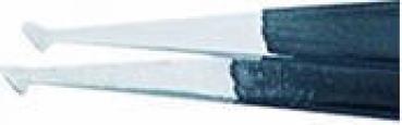 The image shows two crochet hooks, one made of metal and the other made of plastic. They are arranged parallel, with a sharp, curved tip and a clear, shiny finish.