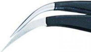 The image shows a pair of pliers with two curved, sharp blades. The handle is black, the blades are silver and shiny. The shape is thin and precise, ideal for delicate work.