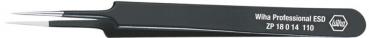 The image displays a sharp, slender pair of tweezers in black with two fine tips. On one end, the inscription "Wiha Professional ESD" indicates the brand.