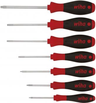 The image displays a set of six screwdrivers with ergonomic, black and red handles. The handles are labeled "wiha" and the blades vary in length.