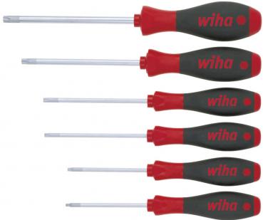 The image displays a series of six screwdrivers with gray and red handles. The handles are ergonomically designed and bear the inscription "wiha". The blades are made of metal.