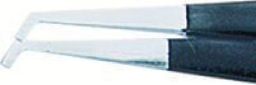 The image shows the tip of a pair of pliers or tweezers. It has two narrow, metallic gripping surfaces that open and close easily to hold small objects. The handle is black.