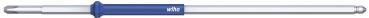 The image shows a blue screwdriver with a long, narrow blade and a round handle. The handle has a slightly raised shape for better grip.
