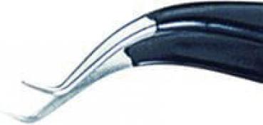 The image displays a curved surgical instrument setup with a metallic tip and a black, ergonomic handle. The tip is sharp and slightly curved.