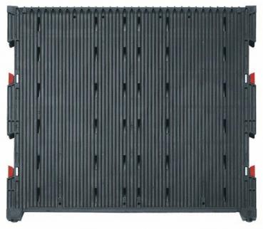 The image displays a rectangular, black plastic plate with vertical grooves. At the corners, there are red fasteners that stabilize the structure. It appears sturdy and functional.
