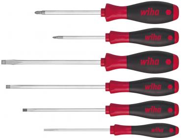 The image shows a row of screwdrivers. They have gray and red handles, vary in length, and have a metallic tip. They are neatly arranged in a row.