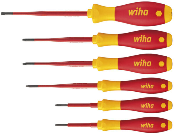 The image displays six screwdrivers of various sizes. The handles are red with yellow accents and the inscription 