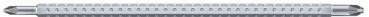 The image shows a long, silver pen with a non-slip surface. One end features the tip, while the other end is narrow and pointed.