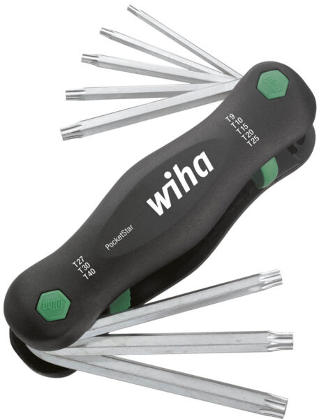 The image shows a black hex key with multiple fold-out tools. It has red and gray accents and features the 