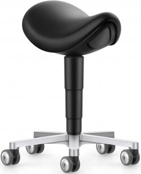 The image shows a black work stool on wheels. The seat is ergonomically shaped and has a curved contour. The stool features an adjustable, cylindrical stand.