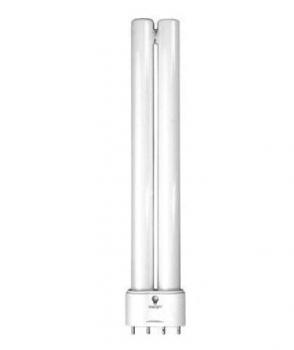 Das Bild zeigt eine kompakte, runde, weiße Leuchtstofflampe mit zwei langen Röhren, die senkrecht nebeneinander angeordnet sind. Unten ist eine zylindrische Fassung mit mehreren Kontakten.