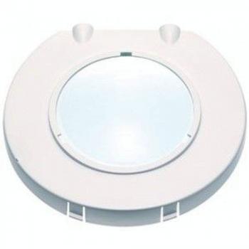 The image shows a round, white magnifying glass with a transparent glass insert in the center. There are two small brackets on the sides. The surface is smooth and plain.