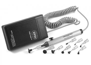The image shows an electrical device with a black casing and a spiral cable. Next to it is a pen with a sharp tip and several attachments for use.