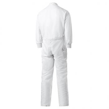 The image shows a white overall made from durable material. It has long sleeves and legs, an elastic waistband, and is closed at the back, with no visible pockets or special details.