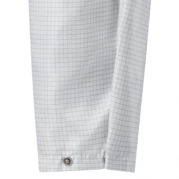The image shows the lower part of a white fabric with a fine checkered pattern of lines. At one end, there is a button and a small loop.