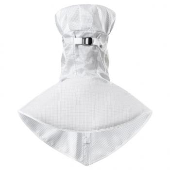 The image shows a chic, white jacket with a slim upper part and a widely flaring lower part that resembles a skirt. It features a chin closure.