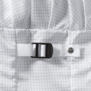 The image displays a white, checkered-patterned surface with a black buckle and a white strap. The structure is lightly padded and features a square pattern.