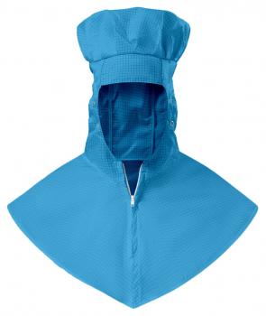 Das Bild zeigt eine blau gefärbte Regenjacke mit einem großen Kapuzenkragen. Die Kapuze hat eine strukturierte Oberfläche und der Kragen ist weit geschnitten, um den Hals zu schützen.