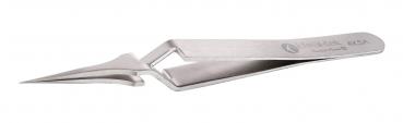 The image shows a sharp, metallic tweezer with two long, narrow handles. The tips are slightly curved and sharp, suitable for grasping fine objects.