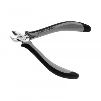 It is a pair of pliers with short, sharp blades for cutting. The handles are ergonomically designed, featuring a combination of black and gray rubber for better grip.