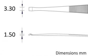 The image displays two precision tools with varying diameters: one measures 3.30 mm in width and the other 1.50 mm. Below the tools, it reads "Dimensions mm".