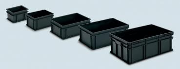 The image shows five black, rectangular boxes in various sizes, arranged side by side. The boxes have a sturdy, flat shape and are made of plastic.