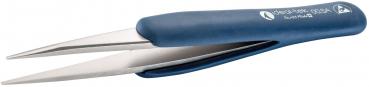 The image depicts a sharp tweezer with a blue, non-slip grip. The tips are made of shiny metal and are slightly spread apart, emphasizing their precise application.