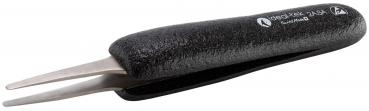 The image shows a black tweezer with a grippy, matte surface. The tips are narrow and metallic, suitable for grasping small objects. It has a simple design.