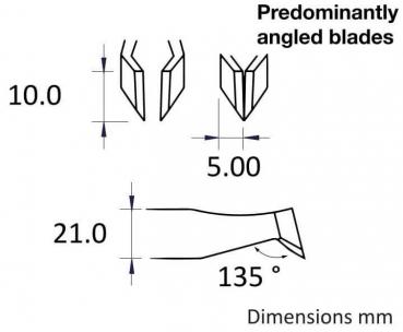 The image displays technical drawings of predominantly angled blades with dimensions: 10 mm height, 5 mm width, and 21 mm length, as well as an angle of 135 degrees.