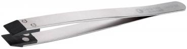 The image shows a narrow, metallic pair of pliers with a sturdy handle. The tips are slightly curved and feature a dark, non-slip coating. Ideal for precise tasks.