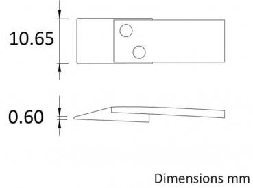 The image displays a technical drawing of an object with two measurements: 10.65 mm in height and 0.60 mm in width. The object features two round holes at the top and a pointed shape at the bottom.