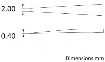 The image shows two elongated, pointed shapes. The upper one has a width of 2.00 mm and the lower one has a width of 0.40 mm. Next to the shapes are measurements in millimeters.